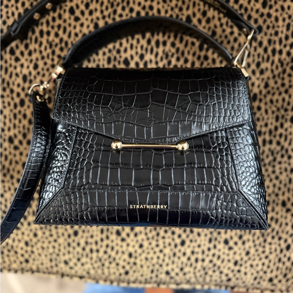 Strathberry Glossy Black Croc Shoulder Bag